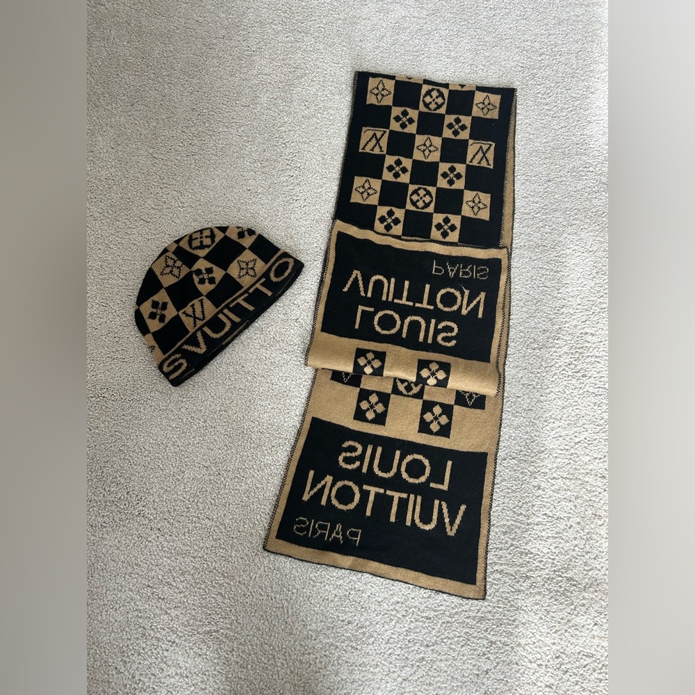 Louis Vuitton Black and Brown Logo Scarf and Beanie
